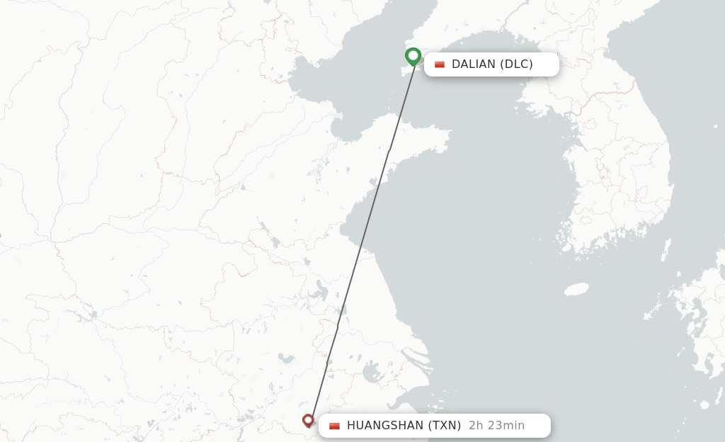 Flights from Dalian to Tunxi route map