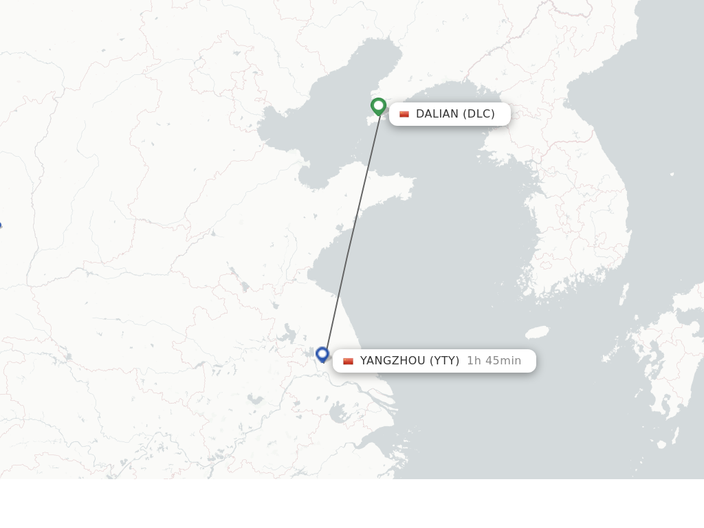 Flights from Dalian to Yangzhou route map