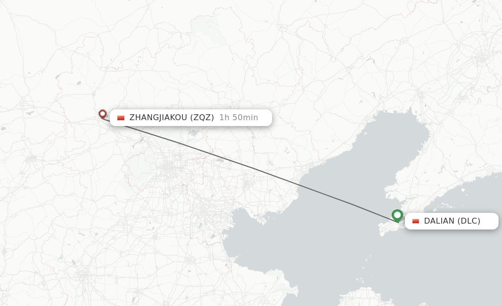 Flights from Dalian to Zhangjiakou route map