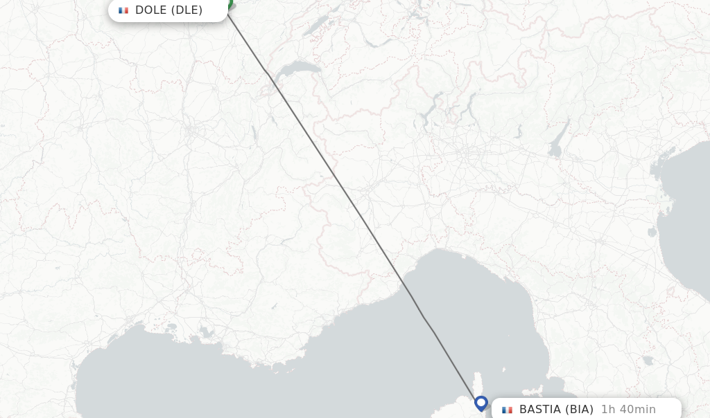 Flights from Dole to Bastia route map