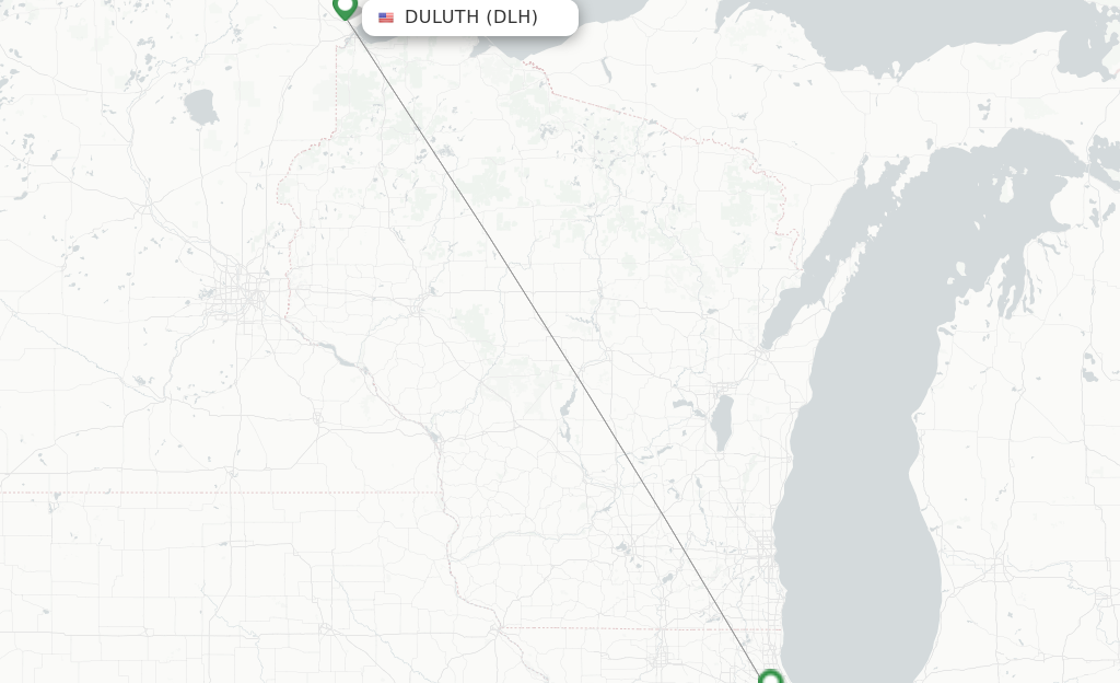 Route map with flights from Duluth with United Airlines
