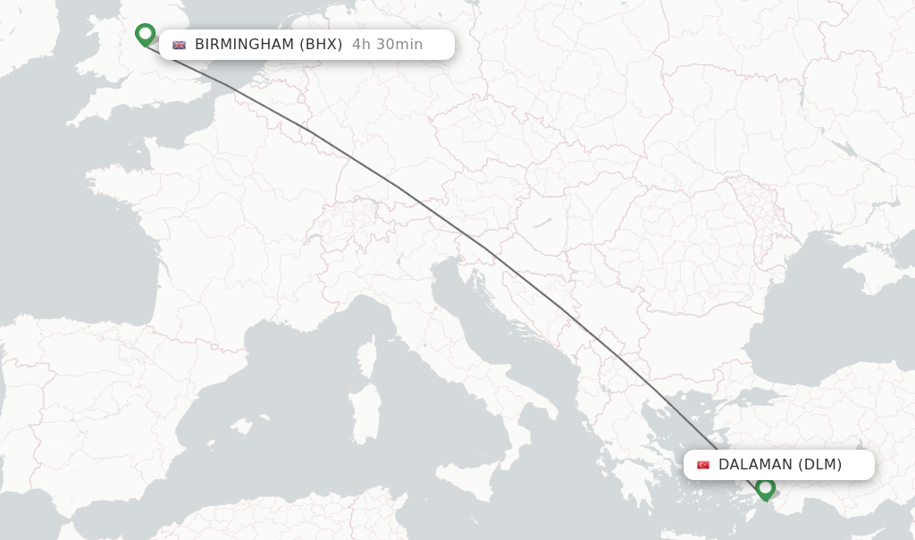 Flights from Dalaman to Birmingham route map