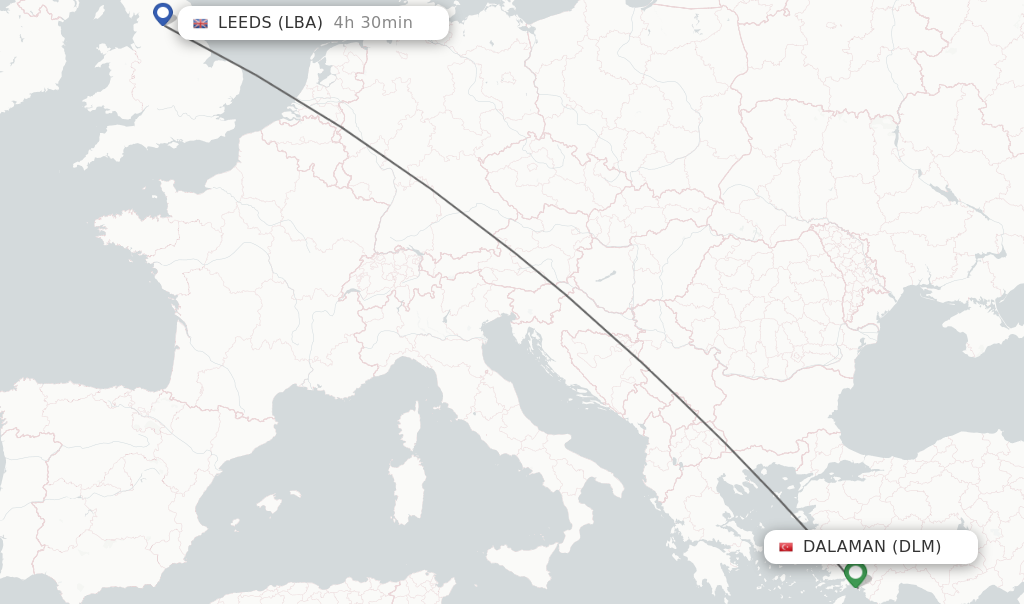 Flights from Dalaman to Leeds route map