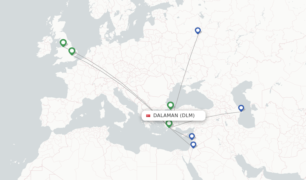 Route map with flights from Dalaman with Pegasus