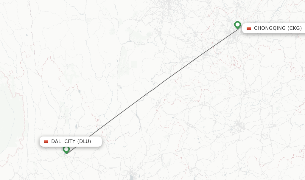 Flights from Dali City to Chongqing route map
