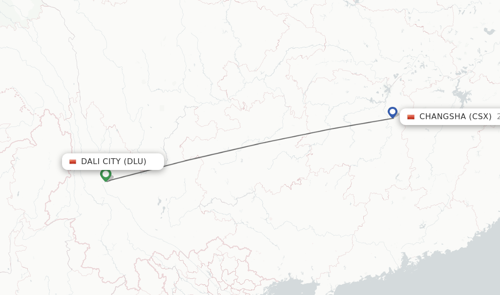 Flights from Dali City to Changsha route map