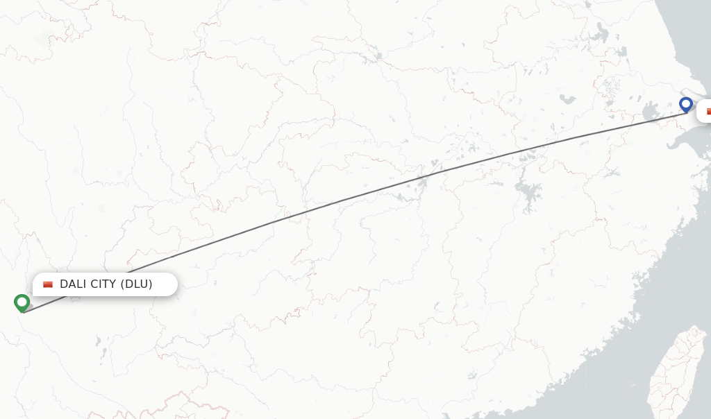 Flights from Dali City to Shanghai route map