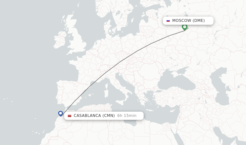 Flights from Moscow to Casablanca route map