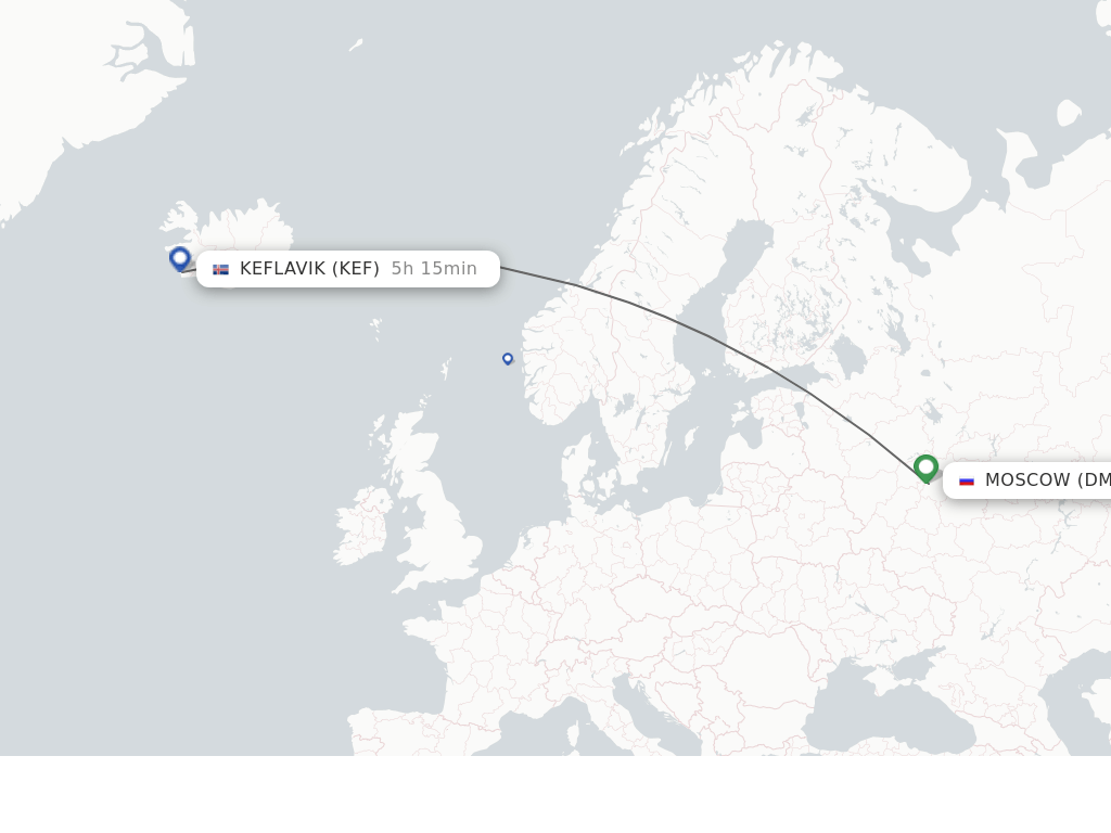 Flights from Moscow to Reykjavik route map