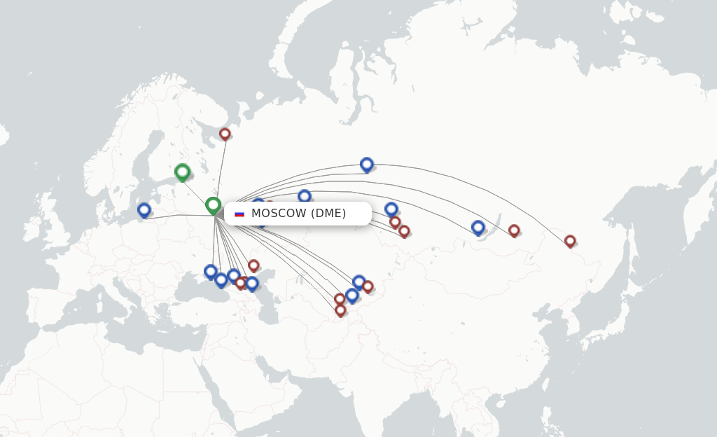 Route map with flights from Moscow with Ural Airlines