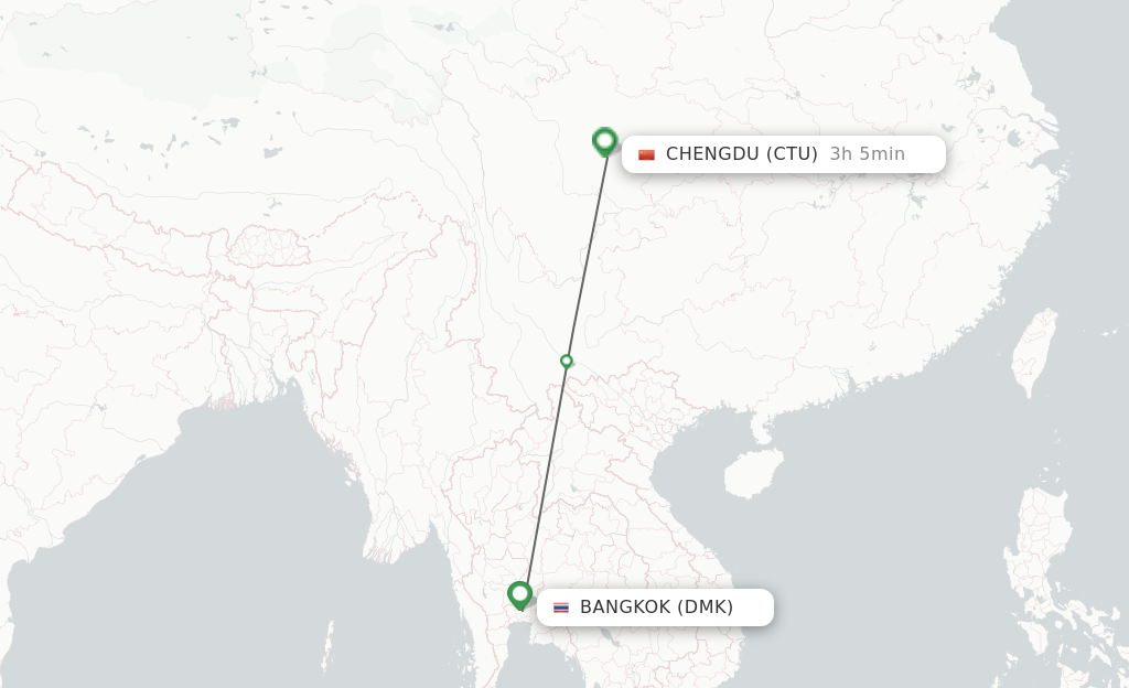 Flights from Bangkok to Chengdu route map