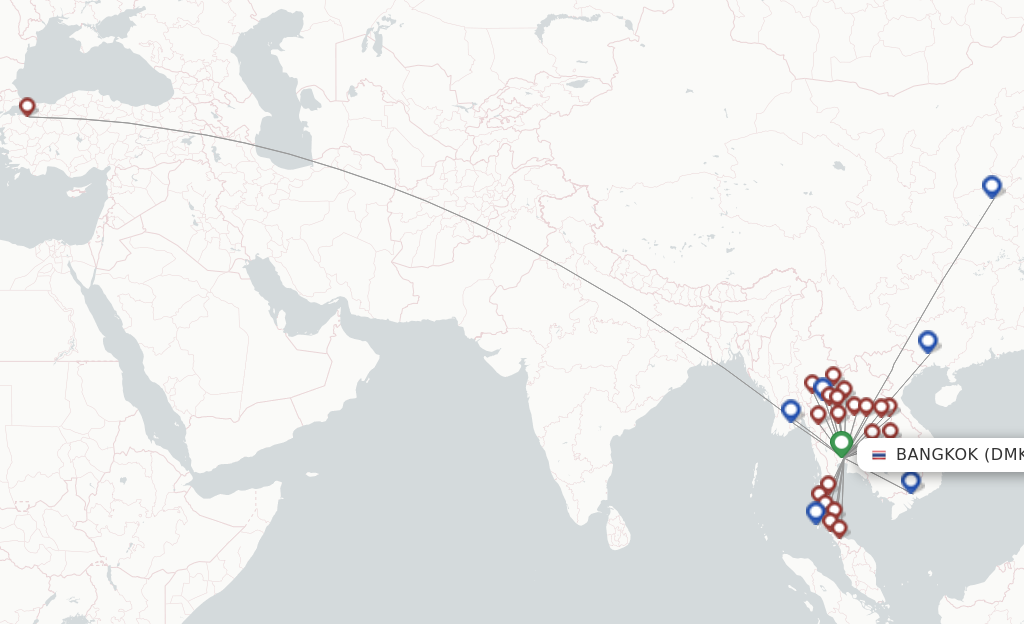Route map with flights from Bangkok with Nok Air