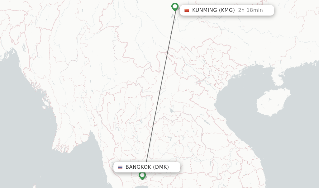 Flights from Bangkok to Kunming route map