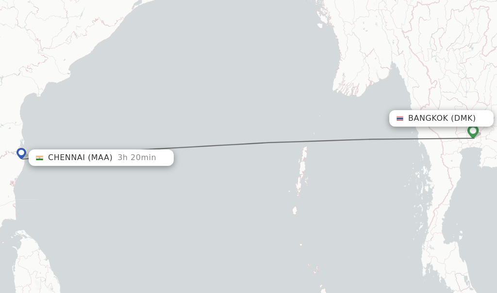 Flights from Bangkok to Chennai route map