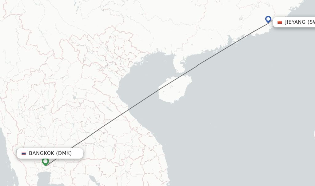 Flights from Bangkok to Jieyang route map