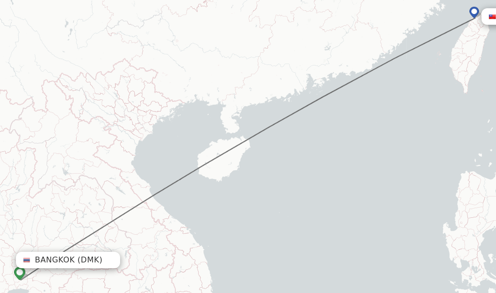 Flights from Bangkok to Taipei route map