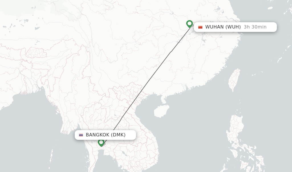 Flights from Bangkok to Wuhan route map