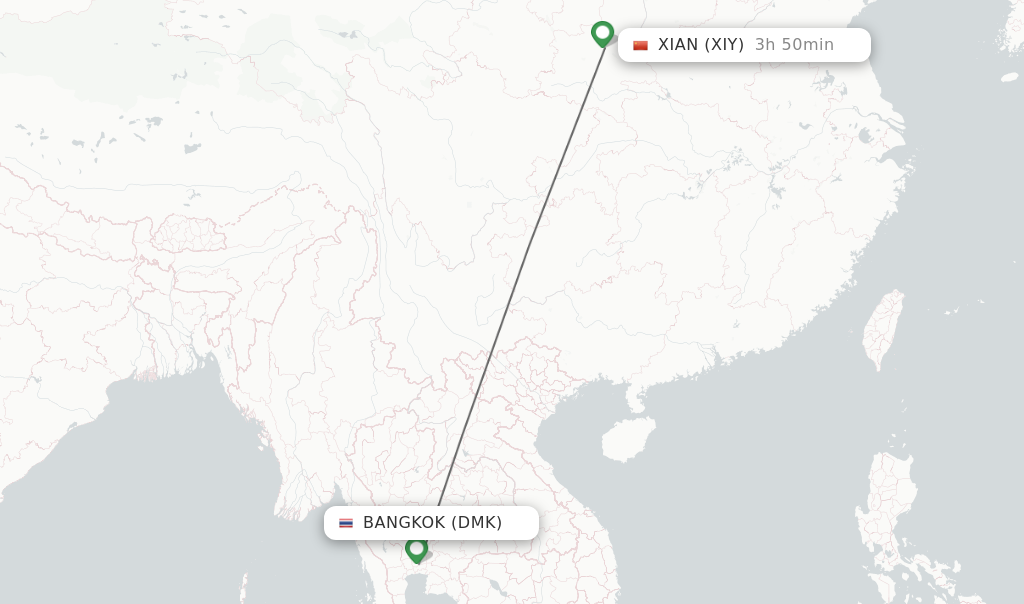 Flights from Bangkok to Xian route map