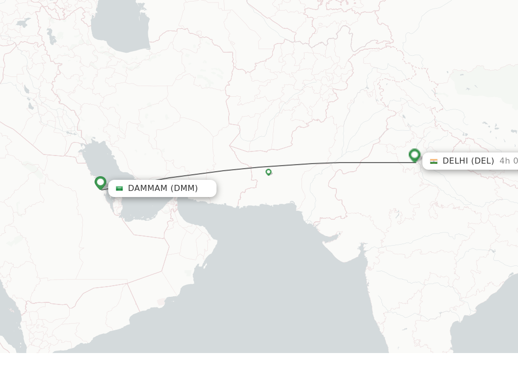Flights from Dammam to Delhi route map