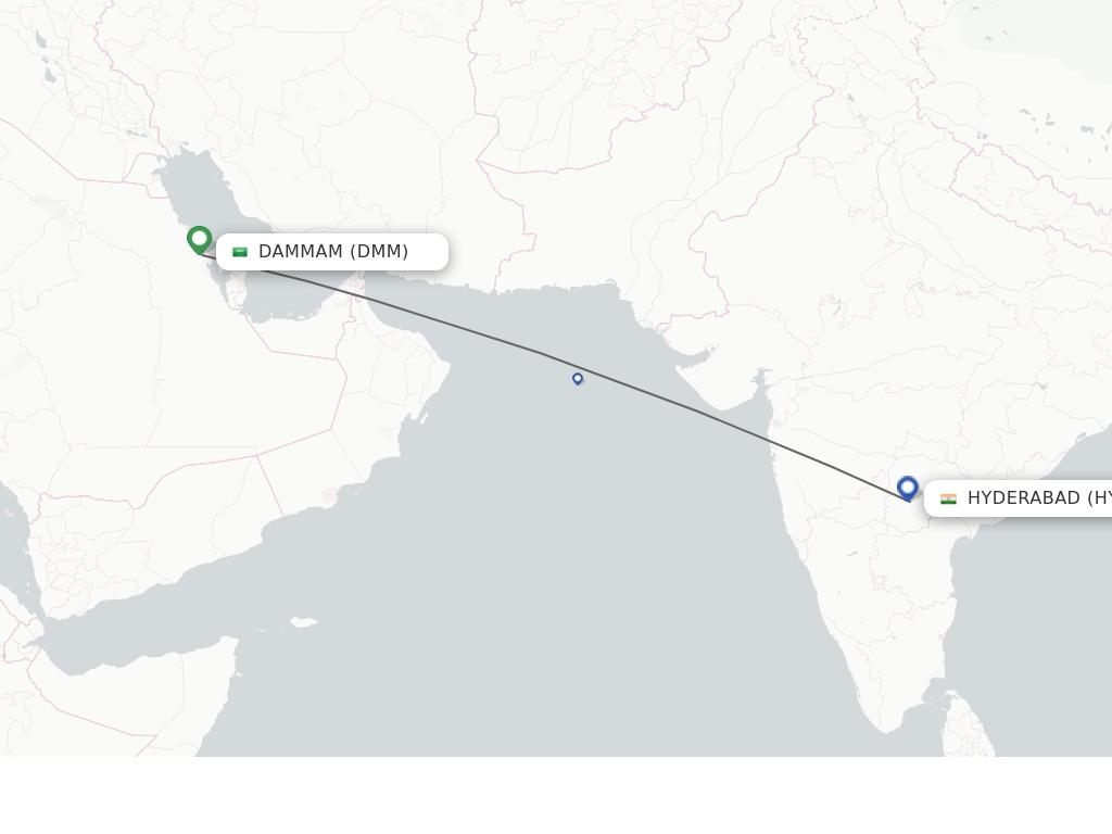 Flights from Dammam to Hyderabad route map