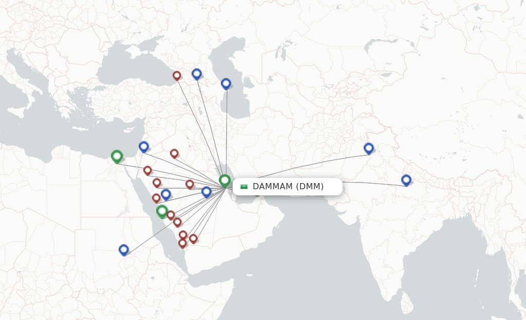 Route map with flights from Dammam with Flynas