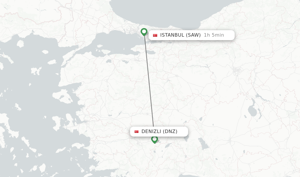 Flights from Denizli to Istanbul route map