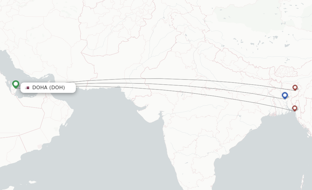 Route map with flights from Doha with Biman Bangladesh Airlines