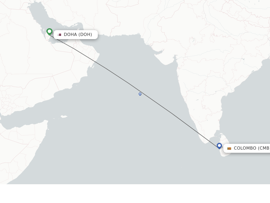 Flights from Doha to Colombo route map