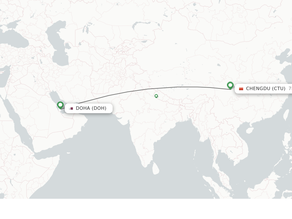 Flights from Doha to Chengdu route map