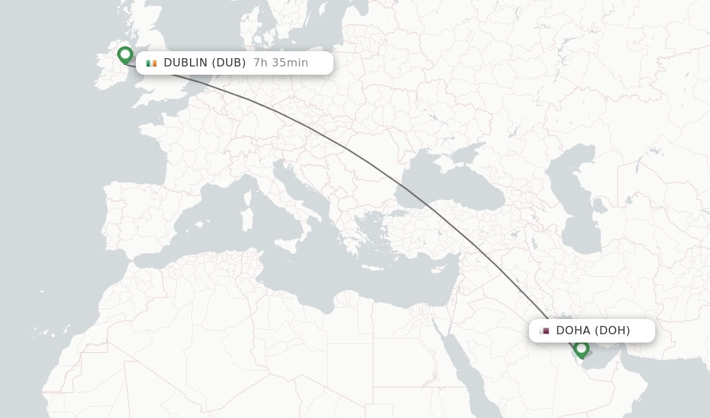 Flights from Doha to Dublin route map