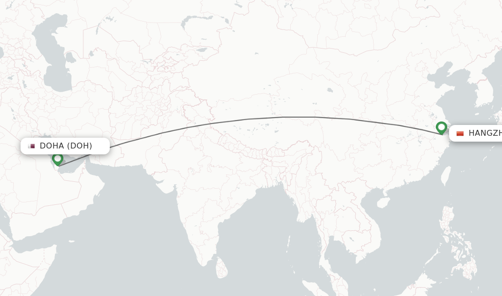 Flights from Doha to Hangzhou route map