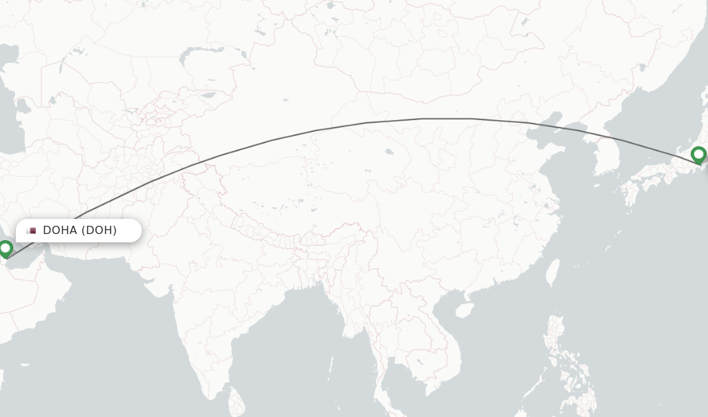 Flights from Doha to Tokyo route map