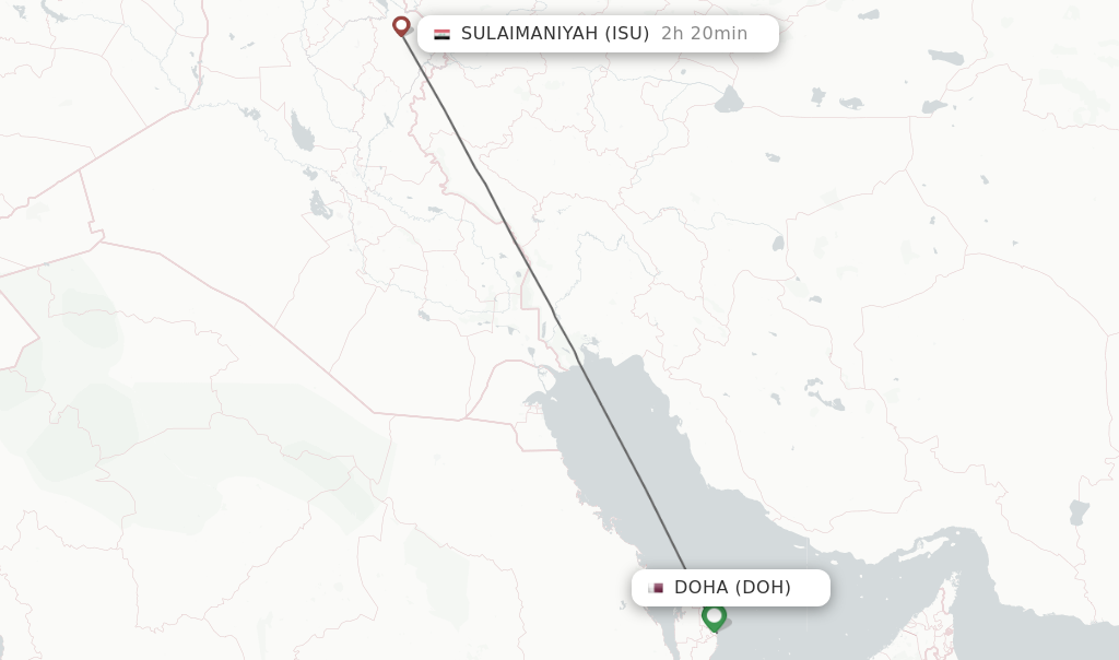 Flights from Doha to Sulaimaniyah route map