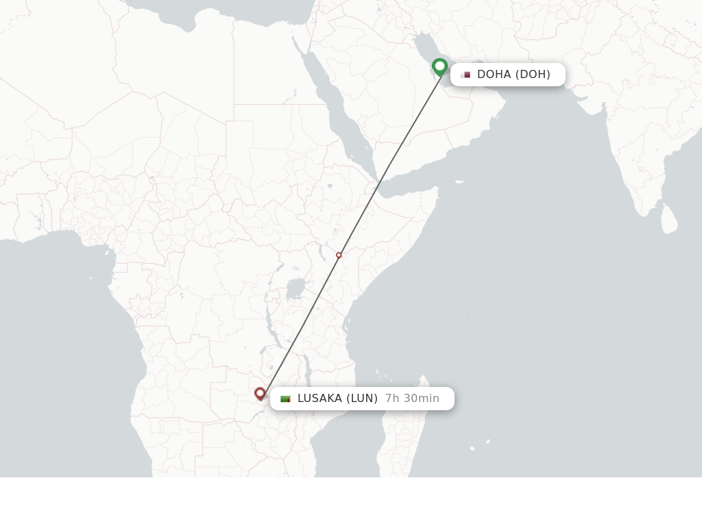 Flights from Doha to Lusaka route map