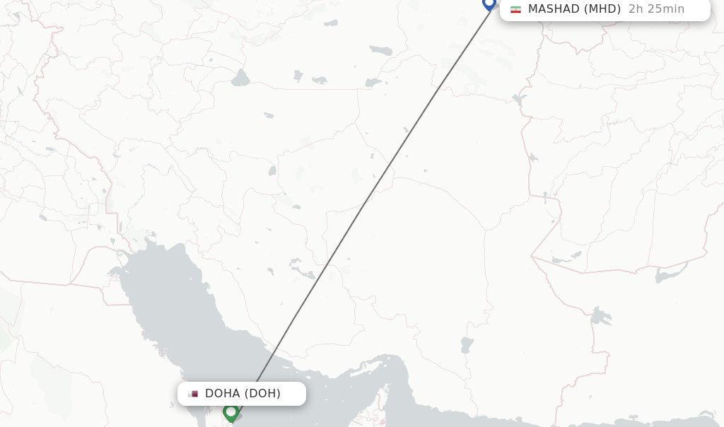 Flights from Doha to Mashad route map