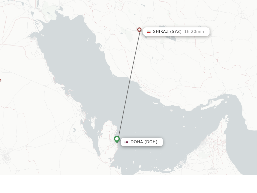 Flights from Shiraz to Doha route map