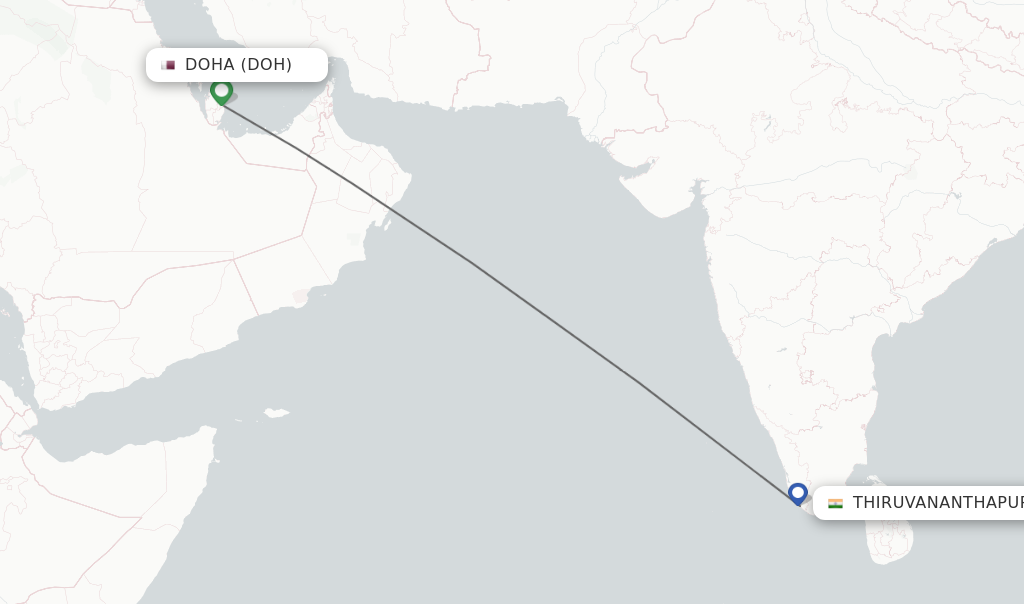 Flights from Doha to Thiruvananthapuram route map