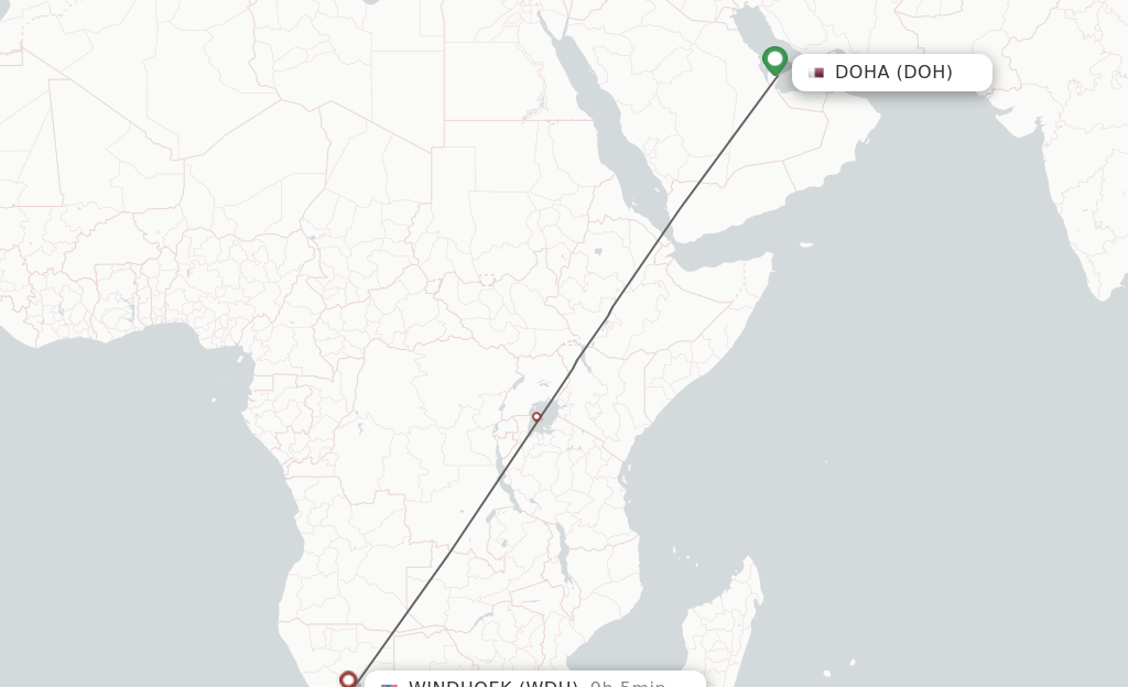 Flights from Doha to Windhoek route map