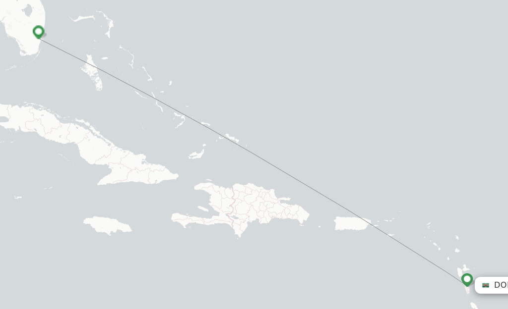 Route map with flights from Dominica with American Airlines