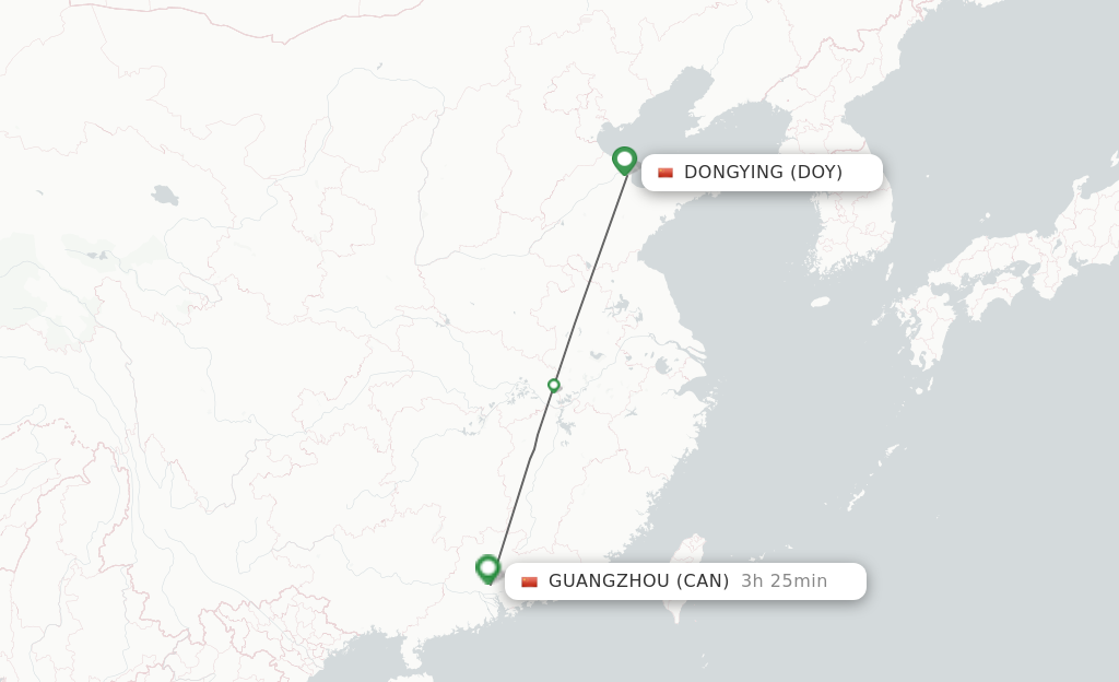 Flights from Dongying to Guangzhou route map
