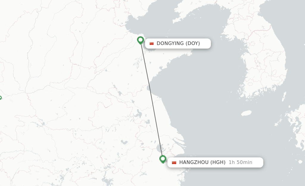 Flights from Dongying to Hangzhou route map