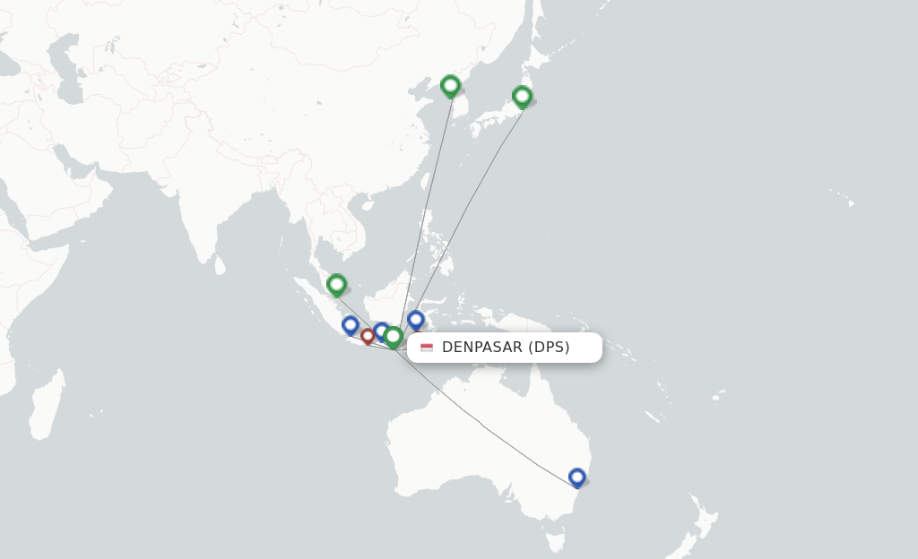 Route map with flights from Denpasar with Garuda Indonesia