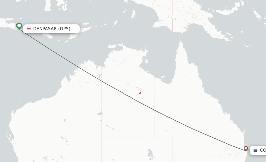 Flights from Denpasar to Coolangatta (Gold Coast) route map