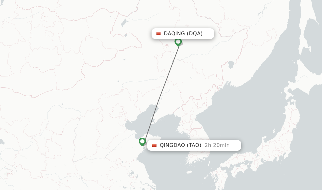 Flights from Daqing to Qingdao route map
