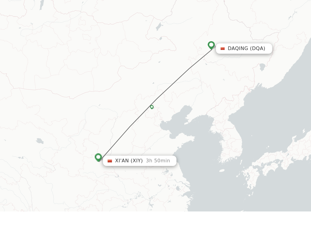 Flights from Daqing to Xi'an route map
