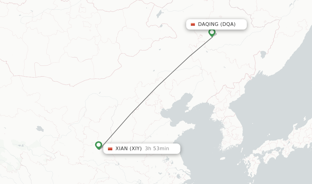 Flights from Daqing to Xian route map