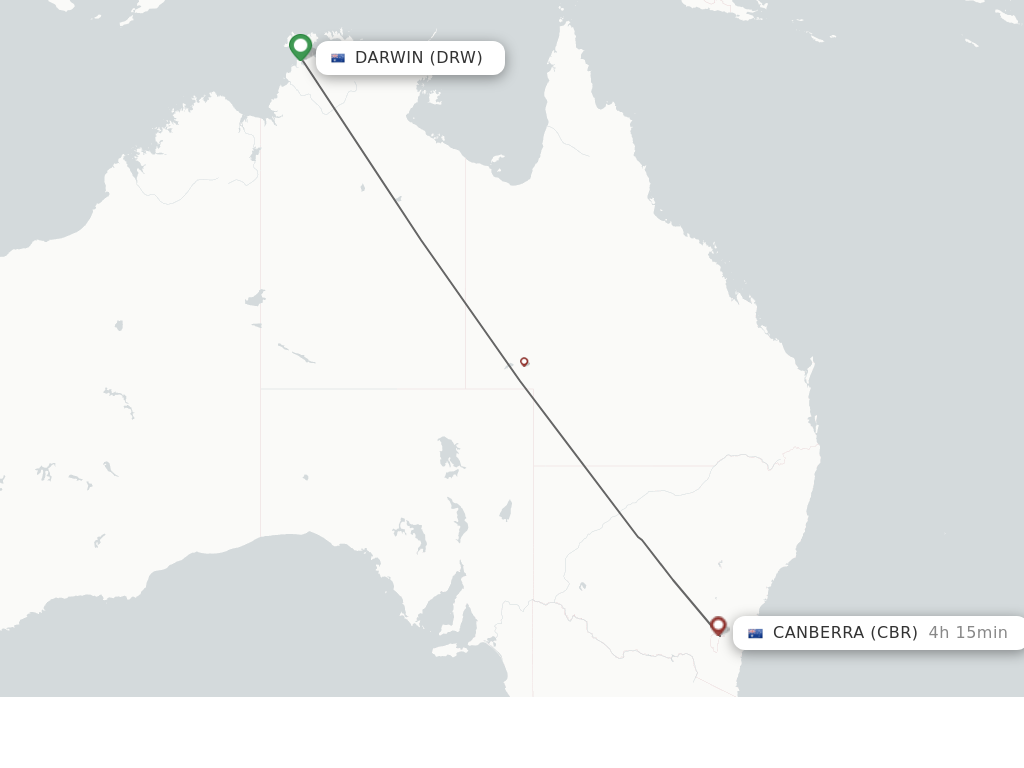 Flights from Darwin to Canberra route map