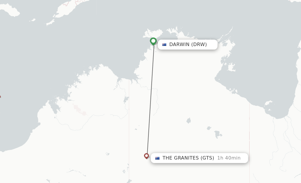 Flights from Darwin to The Granites route map