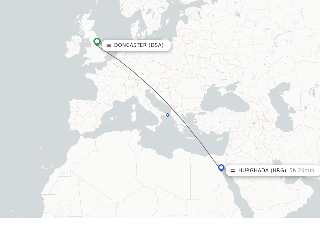 Flights from Doncaster to Hurghada route map