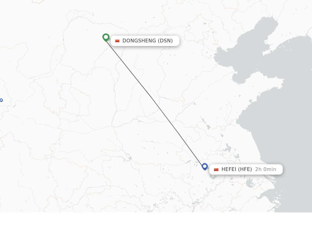 Flights from Dongsheng to Hefei route map